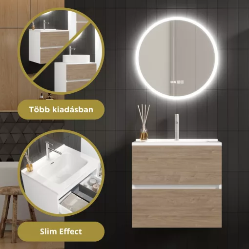 HD Aria Silk Matt White-Oak 60 komplett fürdőszoba bútor fali mosdószekrénnyel, fényes fehér slim mosdóval és tükörrel