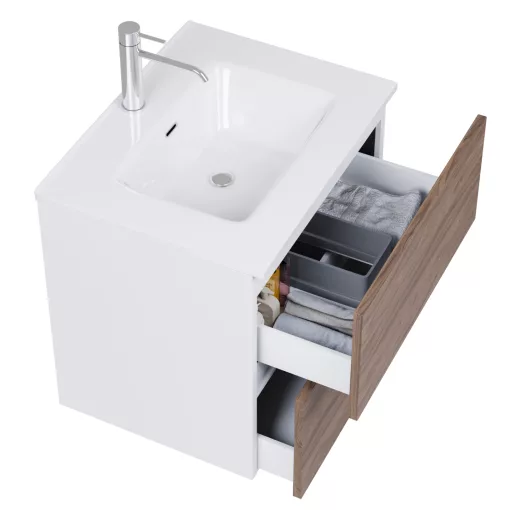 HD Aria Pro Silk Matt White-Oak 60 komplett fürdőszoba bútor szett fali push-to-open mosdószekrénnyel, fényes fehér slim mosdóval, tükörrel és magasszekrénnyel