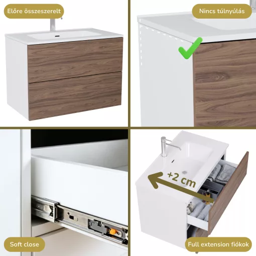 HD Aria Pro Silk Matt White-Oak 60 komplett fürdőszoba bútor szett fali push-to-open mosdószekrénnyel, fényes fehér slim mosdóval, tükörrel és magasszekrénnyel