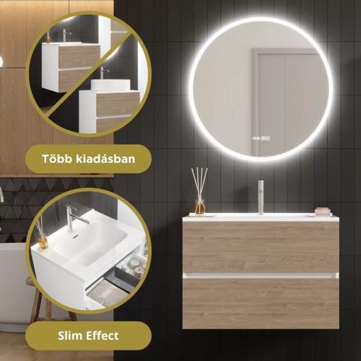 HD Aria Silk Matt White-Oak 60 komplett fürdőszoba bútor szett fali mosdószekrénnyel, fényes fehér slim mosdóval, tükörrel és magasszekrénnyel