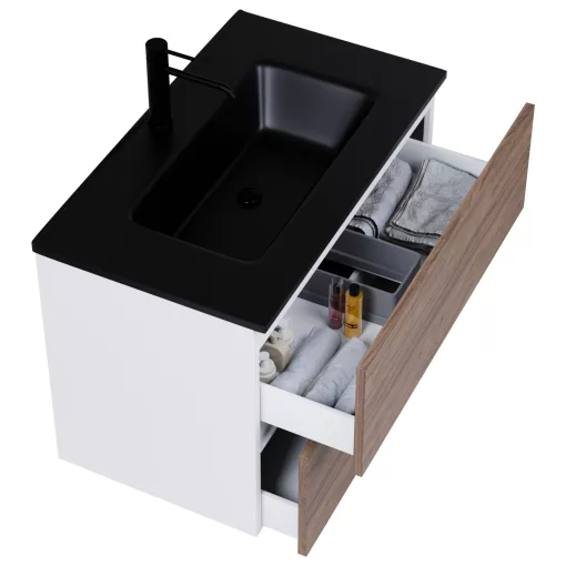 HD Aria Pro Silk Matt White-Oak 60 fali mosdószekrény, push-to-open mechanizmussal, matt fekete slim mosdóval