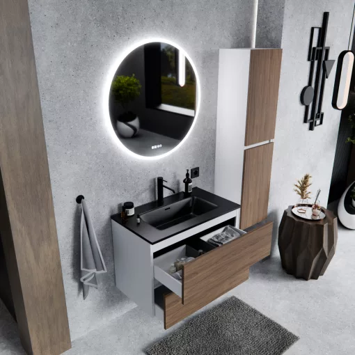 HD Aria Silk Matt White-Oak 60 fali mosdószekrény matt fekete slim mosdóval
