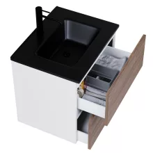 HD Aria Pro Silk Matt White-Oak 60 komplett fürdőszoba bútor fali push-to-open mosdószekrénnyel, matt fekete slim mosdóval és tükörrel