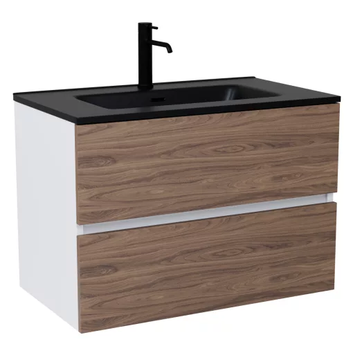 HD Aria Silk Matt White-Oak 60 komplett fürdőszoba bútor fali mosdószekrénnyel, matt fekete slim mosdóval és tükörrel