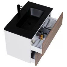 HD Aria Silk Matt White-Oak 60 komplett fürdőszoba bútor fali mosdószekrénnyel, matt fekete slim mosdóval és tükörrel