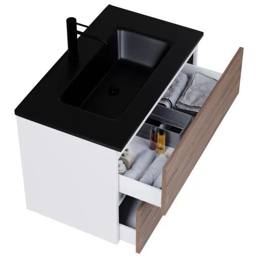 HD Aria Silk Matt White-Oak 60 komplett fürdőszoba bútor fali mosdószekrénnyel, matt fekete slim mosdóval és tükörrel