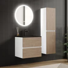 HD Aria Silk Matt White-Oak 60 komplett fürdőszoba bútor fali mosdószekrénnyel, matt fekete slim mosdóval és tükörrel