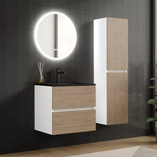 HD Aria Silk Matt White-Oak 60 komplett fürdőszoba bútor fali mosdószekrénnyel, matt fekete slim mosdóval és tükörrel