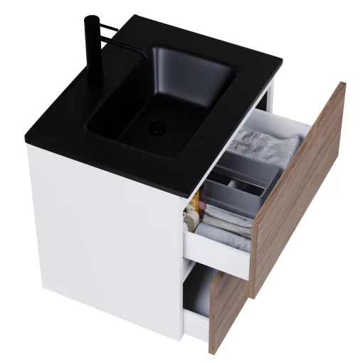 HD Aria Pro Silk Matt White-Oak 60 komplett fürdőszoba bútor szett fali push-to-open mosdószekrénnyel, matt fekete slim mosdóval, tükörrel és magasszekrénnyel