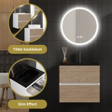 HD Aria Silk Matt White-Oak 60 komplett fürdőszoba bútor szett fali mosdószekrénnyel, matt fekete slim mosdóval, tükörrel és magasszekrénnyel