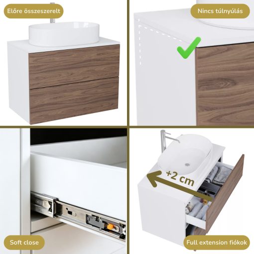 HD Zyra Pro Silk Matt White-Oak 60 fali mosdószekrény, push-to-open mechanizmussal, selymes matt fehér mosdópulttal