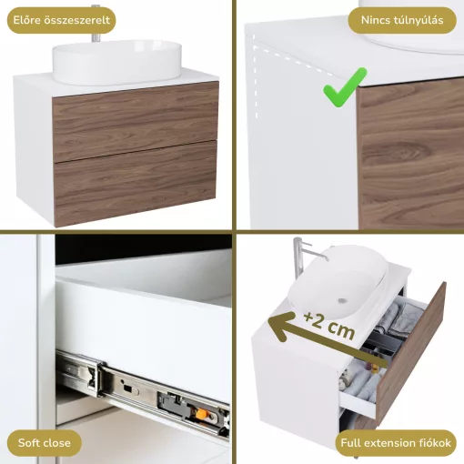 HD Zyra Pro Silk Matt White-Oak 60 fali mosdószekrény, push-to-open mechanizmussal, selymes matt fehér mosdópulttal