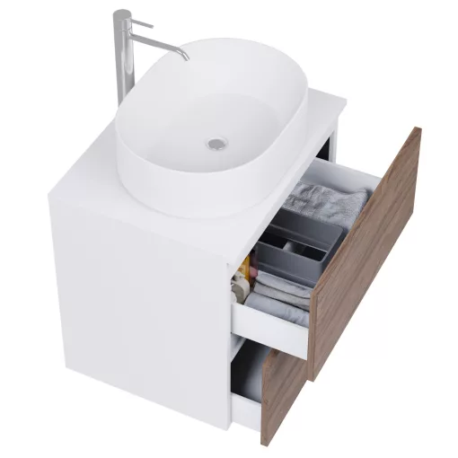 HD Zyra Pro Silk Matt White-Oak 60 komplett fürdőszoba bútor fali push-to-open mosdószekrénnyel, selymes matt fehér mosdópulttal és tükörrel