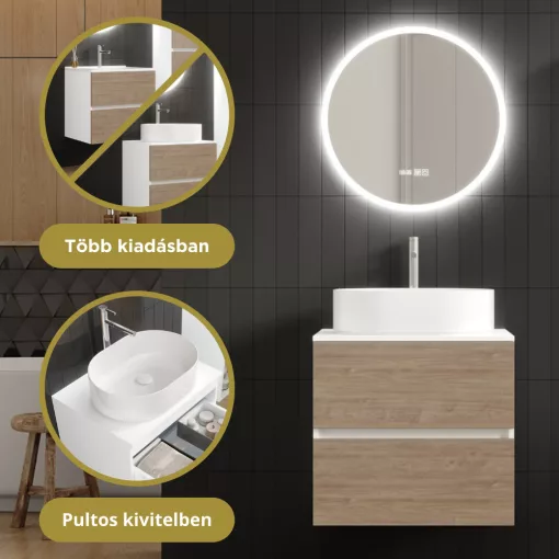 HD Zyra Silk Matt White-Oak 60/80/100/120 komplett fürdőszoba bútor fali mosdószekrénnyel, selymes matt fehér mosdópulttal és tükörrel