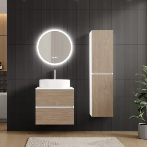 HD Zyra Pro Silk Matt White-Oak 60 komplett fürdőszoba bútor szett fali push-to-open mosdószekrénnyel, selymes matt fehér mosdópulttal, tükörrel és magasszekrénnyel