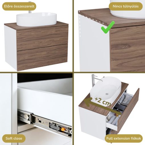 HD Zyra Pro Silk Matt White-Oak 60 fali mosdószekrény, push-to-open mechanizmussal, oak mosdópulttal