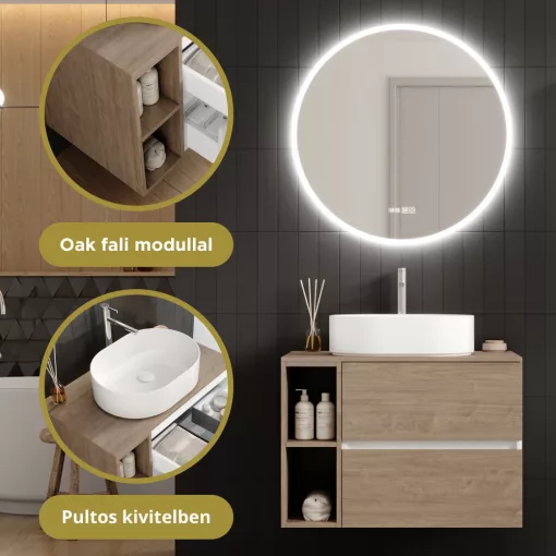 HD Zyra Pro+ Silk Matt White-Oak 80 fali mosdószekrény, push-to-open mechanizmussal, oak mosdópulttal és kiegészítő oak fali modullal