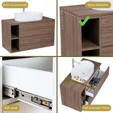 HD Zyra Pro+ Silk Matt White-Oak 80 fali mosdószekrény, push-to-open mechanizmussal, oak mosdópulttal és kiegészítő oak fali modullal
