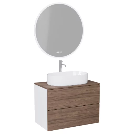 HD Zyra Pro Silk Matt White-Oak 60 komplett fürdőszoba bútor fali push-to-open mosdószekrénnyel, oak mosdópulttal és tükörrel