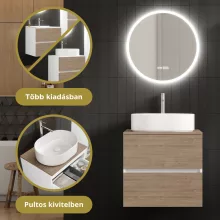 HD Zyra Pro Silk Matt White-Oak 60 komplett fürdőszoba bútor fali push-to-open mosdószekrénnyel, oak mosdópulttal és tükörrel