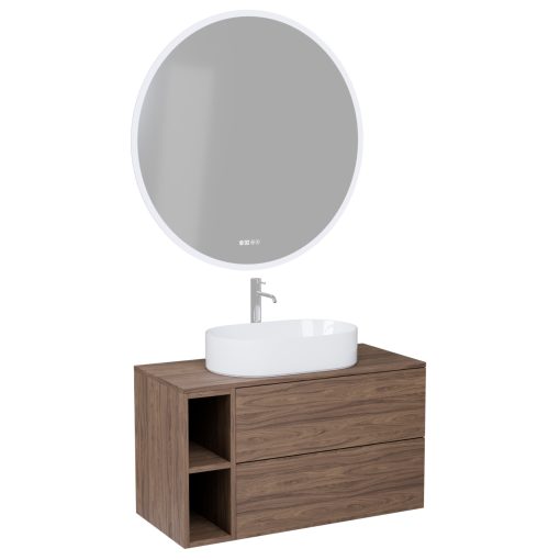 HD Zyra Pro+ Silk Matt White-Oak 80 komplett fürdőszoba bútor fali push-to-open mosdószekrénnyel, oak mosdópulttal, kiegészítő oak fali modullal és tükörrel