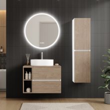 HD Zyra Pro+ Silk Matt White-Oak 80 komplett fürdőszoba bútor fali push-to-open mosdószekrénnyel, oak mosdópulttal, kiegészítő oak fali modullal és tükörrel