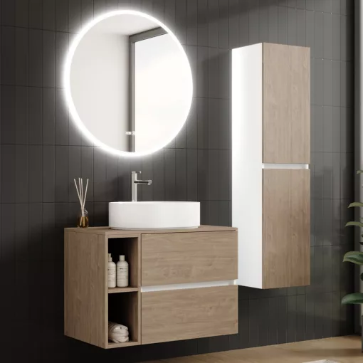 HD Zyra+ Silk Matt White-Oak 80 komplett fürdőszoba bútor fali mosdószekrénnyel, oak mosdópulttal, kiegészítő oak fali modullal és tükörrel