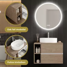 HD Zyra+ Silk Matt White-Oak 80 komplett fürdőszoba bútor fali mosdószekrénnyel, oak mosdópulttal, kiegészítő oak fali modullal és tükörrel