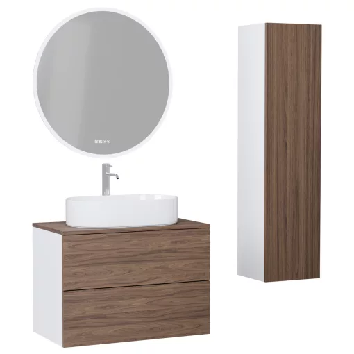 HD Zyra Pro Silk Matt White-Oak 60 komplett fürdőszoba bútor szett fali push-to-open mosdószekrénnyel, oak mosdópulttal, tükörrel és magasszekrénnyel