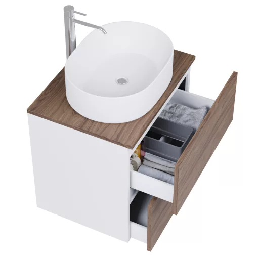 HD Zyra Pro Silk Matt White-Oak 60 komplett fürdőszoba bútor szett fali push-to-open mosdószekrénnyel, oak mosdópulttal, tükörrel és magasszekrénnyel