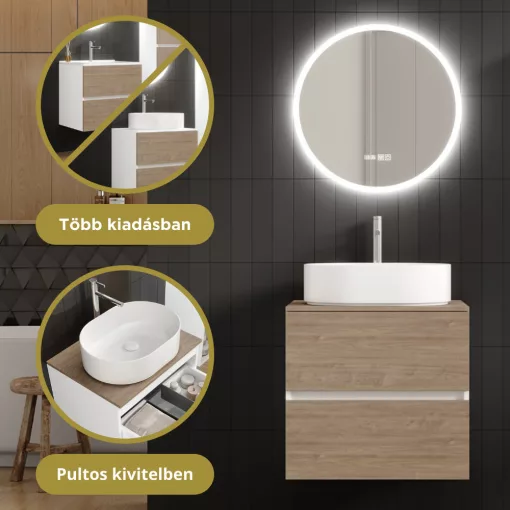 HD Zyra Pro Silk Matt White-Oak 60 komplett fürdőszoba bútor szett fali push-to-open mosdószekrénnyel, oak mosdópulttal, tükörrel és magasszekrénnyel