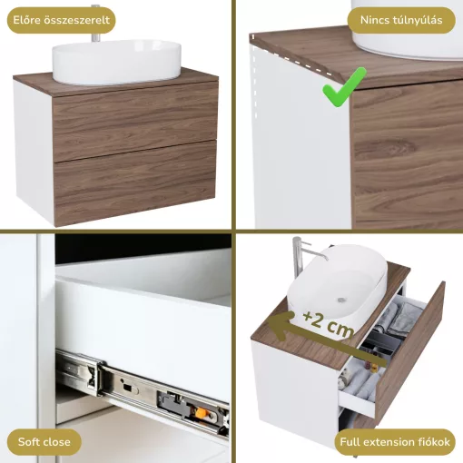 HD Zyra Pro Silk Matt White-Oak 60 komplett fürdőszoba bútor szett fali push-to-open mosdószekrénnyel, oak mosdópulttal, tükörrel és magasszekrénnyel