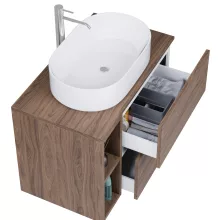 HD Zyra Pro+ Silk Matt White-Oak 80 komplett fürdőszoba bútor szett fali push-to-open mosdószekrénnyel, oak mosdópulttal, kiegészítő oak fali modullal, tükörrel és magasszekrénnyel