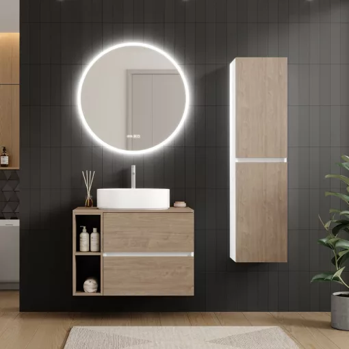 HD Zyra Pro+ Silk Matt White-Oak 80 komplett fürdőszoba bútor szett fali push-to-open mosdószekrénnyel, oak mosdópulttal, kiegészítő oak fali modullal, tükörrel és magasszekrénnyel