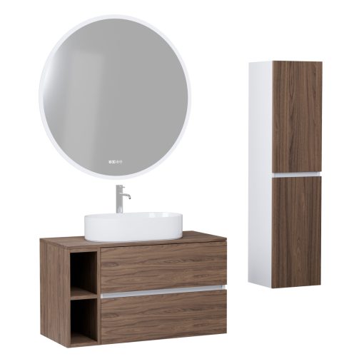 HD Zyra+ Silk Matt White-Oak 80 komplett fürdőszoba bútor szett fali mosdószekrénnyel, oak mosdópulttal, kiegészítő oak fali modullal, tükörrel és magasszekrénnyel