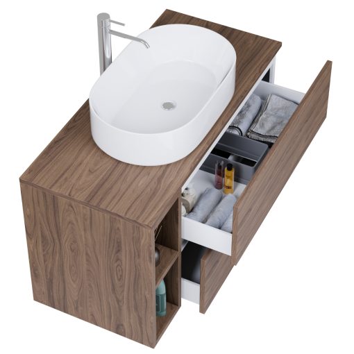 HD Zyra+ Silk Matt White-Oak 80 komplett fürdőszoba bútor szett fali mosdószekrénnyel, oak mosdópulttal, kiegészítő oak fali modullal, tükörrel és magasszekrénnyel