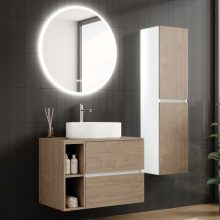 HD Zyra+ Silk Matt White-Oak 80 komplett fürdőszoba bútor szett fali mosdószekrénnyel, oak mosdópulttal, kiegészítő oak fali modullal, tükörrel és magasszekrénnyel