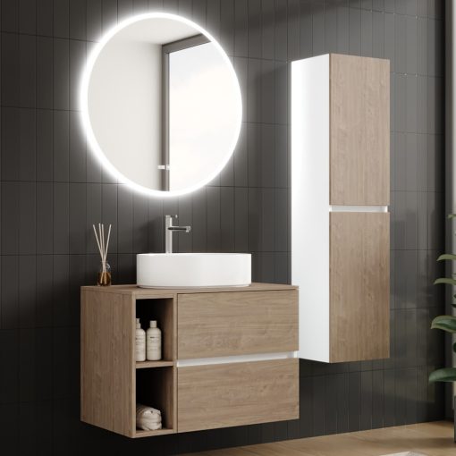 HD Zyra+ Silk Matt White-Oak 80 komplett fürdőszoba bútor szett fali mosdószekrénnyel, oak mosdópulttal, kiegészítő oak fali modullal, tükörrel és magasszekrénnyel