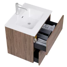 HD Aria Pro Oak 60 komplett fürdőszoba bútor fali push-to-open mosdószekrénnyel, fényes fehér slim mosdóval és tükörrel