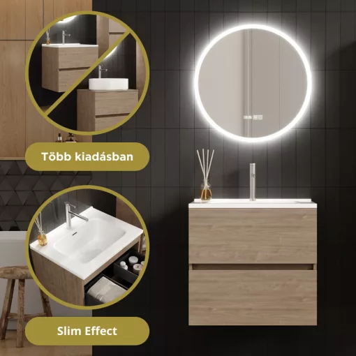 HD Aria Pro Oak 60 komplett fürdőszoba bútor fali push-to-open mosdószekrénnyel, fényes fehér slim mosdóval és tükörrel