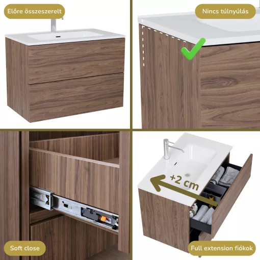 HD Aria Pro Oak 60 komplett fürdőszoba bútor fali push-to-open mosdószekrénnyel, fényes fehér slim mosdóval és tükörrel