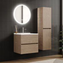 HD Aria Oak 60 komplett fürdőszoba bútor fali mosdószekrénnyel, fényes fehér slim mosdóval és tükörrel