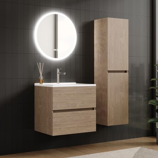 HD Aria Oak 60 komplett fürdőszoba bútor fali mosdószekrénnyel, fényes fehér slim mosdóval és tükörrel