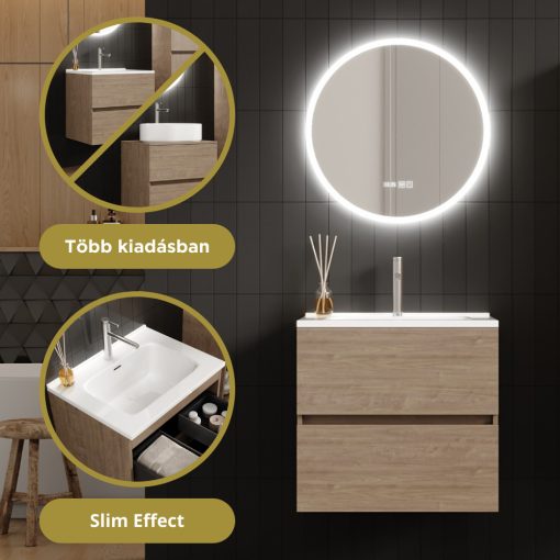 HD Aria Oak 60 komplett fürdőszoba bútor fali mosdószekrénnyel, fényes fehér slim mosdóval és tükörrel