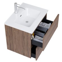 HD Aria Pro Oak 60 komplett fürdőszoba bútor szett fali push-to-open mosdószekrénnyel, fényes fehér slim mosdóval, tükörrel és magasszekrénnyel