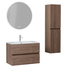 HD Aria Oak 60 komplett fürdőszoba bútor szett fali mosdószekrénnyel, fényes fehér slim mosdóval, tükörrel és magasszekrénnyel