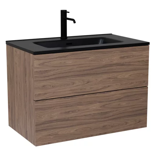 HD Aria Pro Oak 60 fali mosdószekrény, push-to-open mechanizmussal, matt fekete slim mosdóval