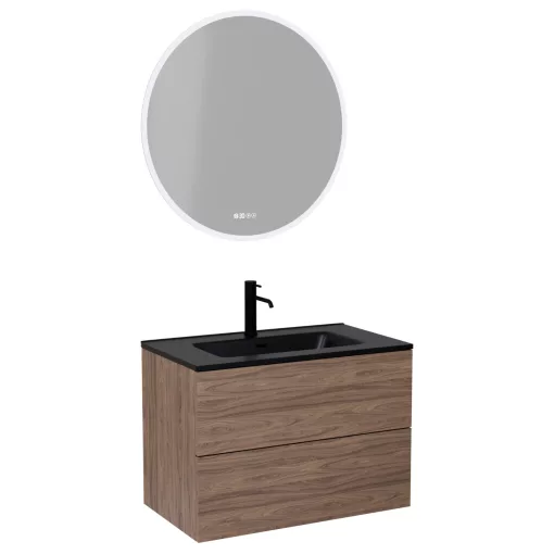 HD Aria Pro Oak 60 komplett fürdőszoba bútor fali push-to-open mosdószekrénnyel, matt fekete slim mosdóval és tükörrel