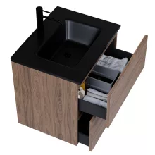 HD Aria Pro Oak 60 komplett fürdőszoba bútor fali push-to-open mosdószekrénnyel, matt fekete slim mosdóval és tükörrel