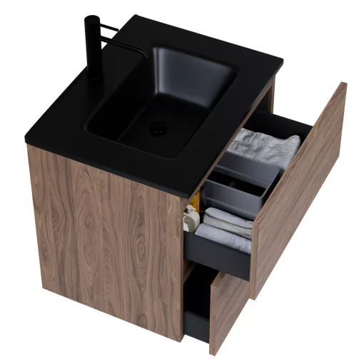 HD Aria Pro Oak 60 komplett fürdőszoba bútor fali push-to-open mosdószekrénnyel, matt fekete slim mosdóval és tükörrel